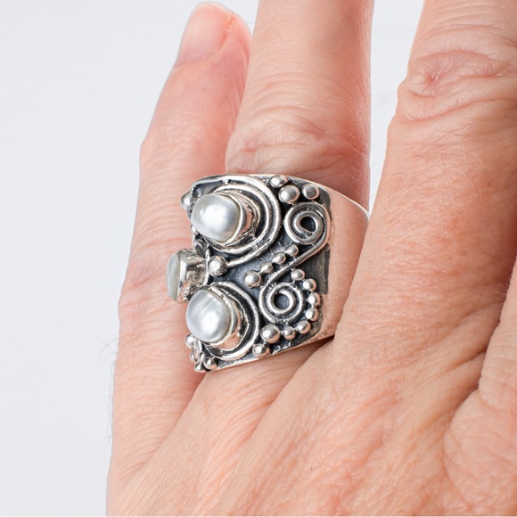 Vintage statement ring pearls & sterling silver 8 - Picture 13 of 16